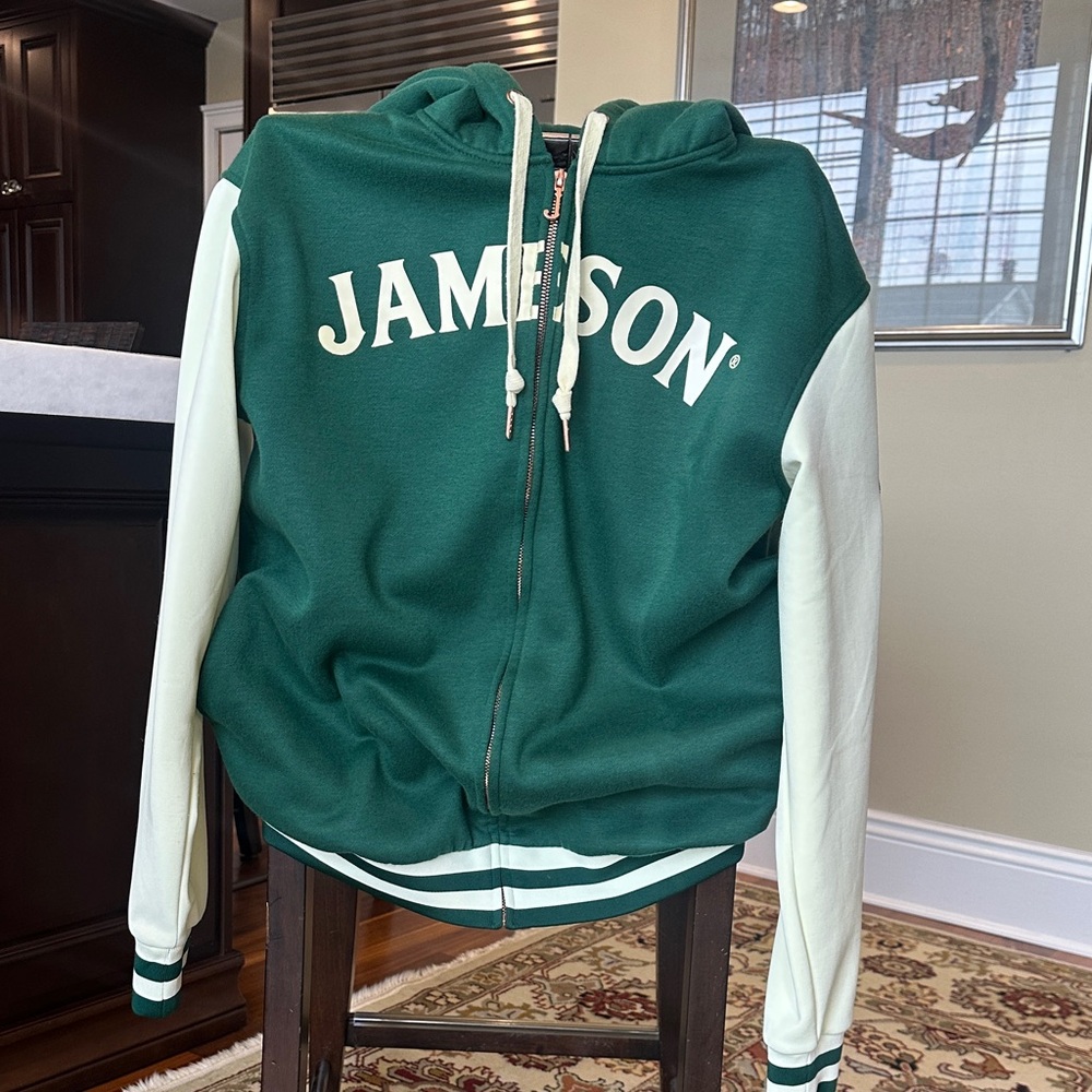 Jameson Green and White Bomber Varsity Style Zip Front Hoodie Jacket